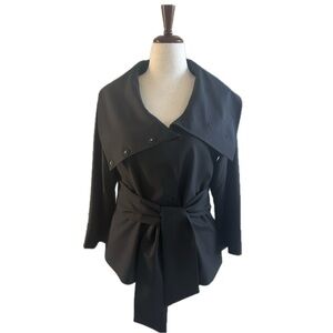 Theory- Black Wool Trench Wrap Blouse with tie & snap closure- M